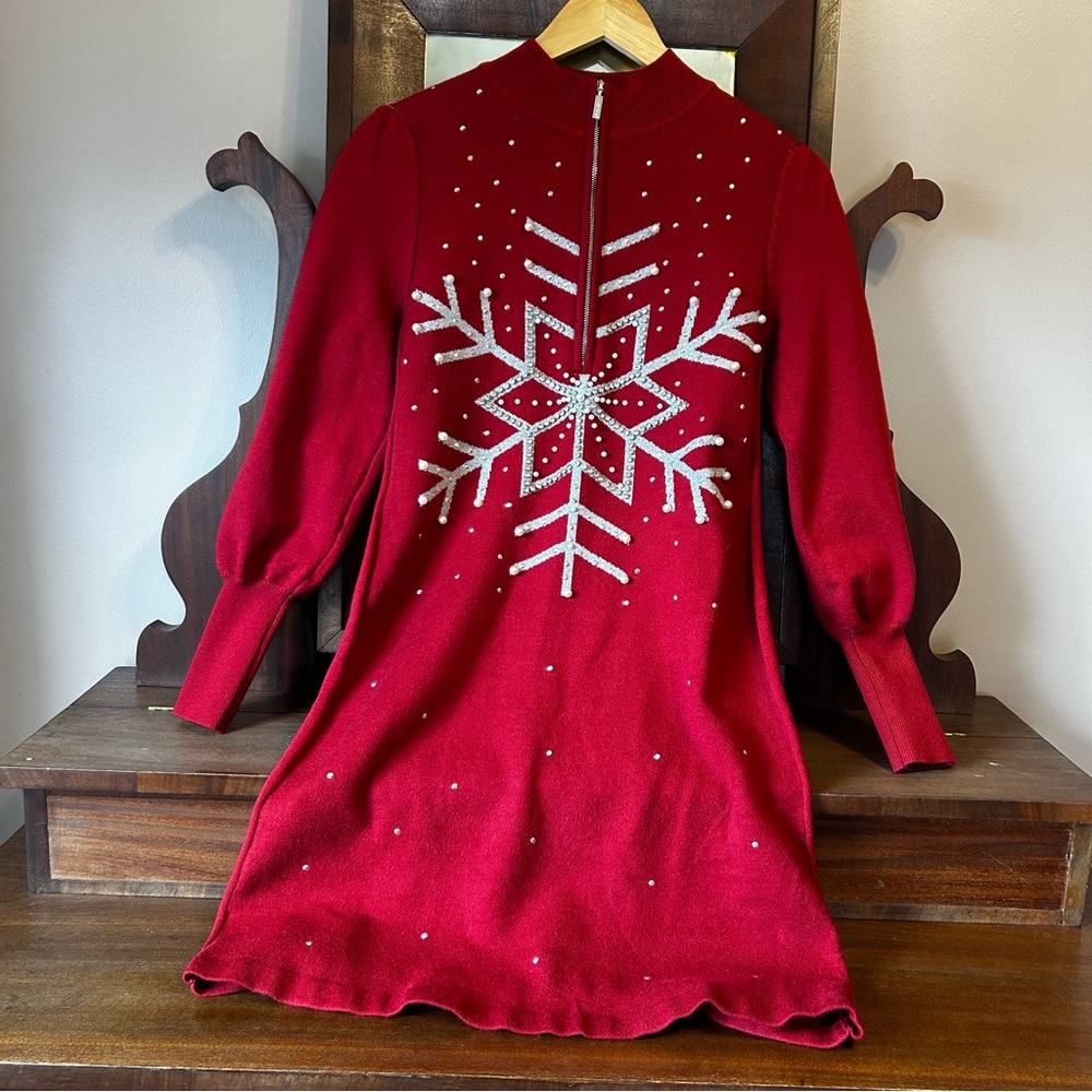 Boston Proper Red Pearl Shimmer Snowflake Half Zip Bodycon Sweater Dress: SMALL